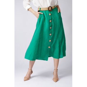 Fusta A-line din in, cu nasturi si o curea fancy, verde