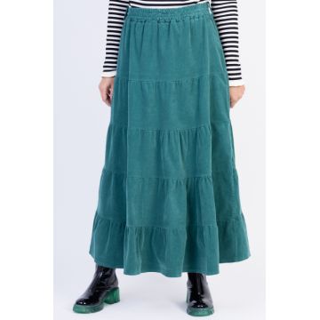 Fusta lunga cu volane din catifea reiata, verde
