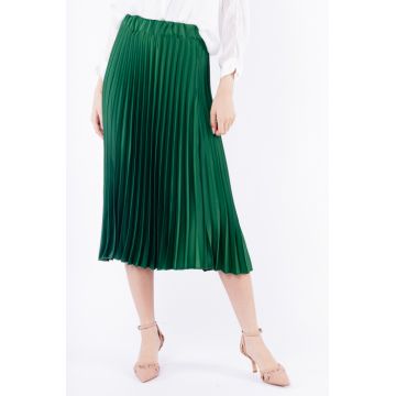Fusta plisata, satinata, midi, verde