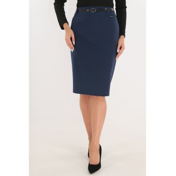 Fusta conica din stofa bleumarin accesorizata in talie cu o curea