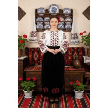 Fusta din catifea cu broderie rosie - Carmen