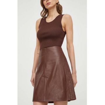 Weekend Max Mara fustă de piele culoarea maro, mini, drept 2415400000000