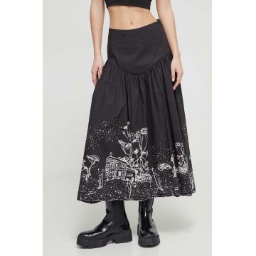 Desigual fusta din bumbac culoarea negru, midi, evazati