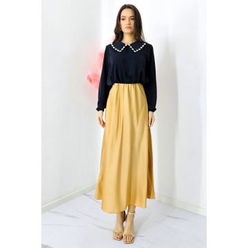Fusta eleganta Penelope, cu textura satinata si croi lung, Bej, Marime S/M/L