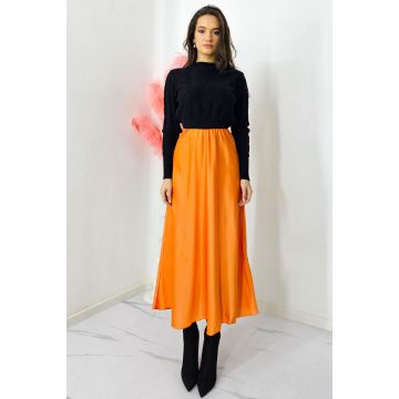 Fusta eleganta Penelope, cu textura satinata si croi lung, Portocaliu, Marime S/M/L