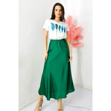 Fusta eleganta Penelope, cu textura satinata si croi lung, Verde, Marime S/M/L