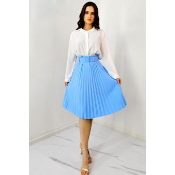Fusta plisata eleganta Carmen, curea de aceeasi culoare inclusa, Albastru baby blue, Marime S/M