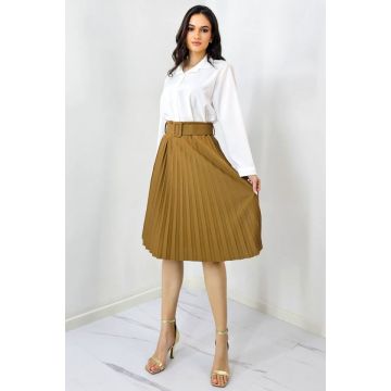 Fusta plisata eleganta Carmen, curea de aceeasi culoare inclusa, Maro, Marime S/M