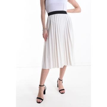 Fusta plisata midi cu elastic negru, alba
