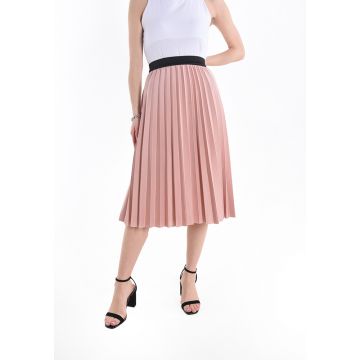 Fusta plisata midi cu elastic negru, roz