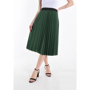 Fusta plisata midi cu elastic negru, verde