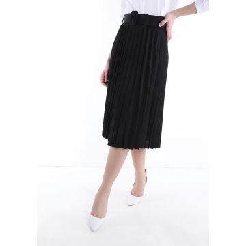 Fusta plisata Ruby midi cu curea, neagra