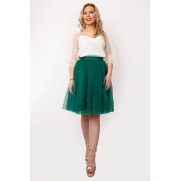 Fusta Tulle Verde Scurta Cu Jumatati De Perlute By Malika Fashion