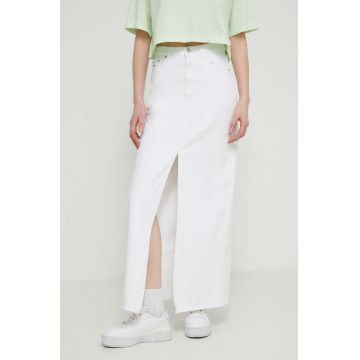 Tommy Jeans fustă din denim culoarea alb, maxi, dreaptă, DW0DW17991