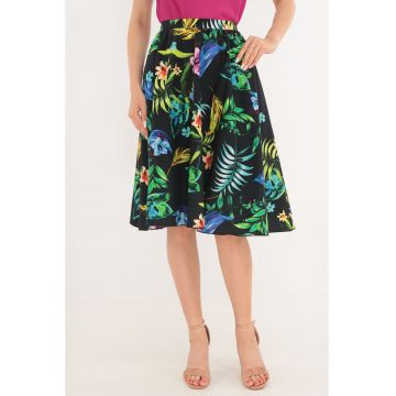 Fusta clos neagra cu print tropical