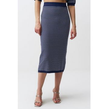 Fusta cu talie inalta si model in dungi - Alb/Bleumarin