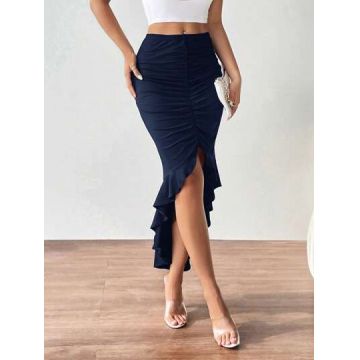 Fusta maxi cu slit si volane, albastru, dama, Shein