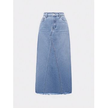 Fusta maxi din denim, cu buzunare si cu talie inalta, albastru, fete, Shein