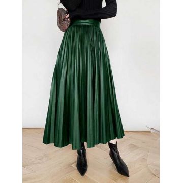 Fusta maxi plisata, verde, dama, Shein