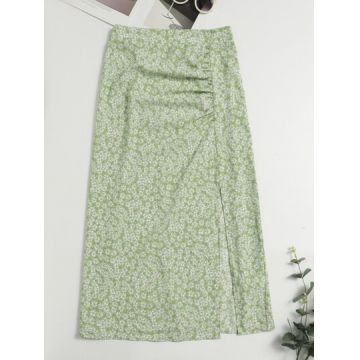 Fusta midi cu imprimeu floral si slit, verde