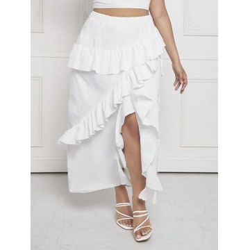 Fusta maxi, cu slit si talie inalta, alb, dama, Shein