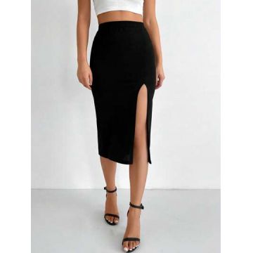 Fusta midi cu slit si talie inalta, model creion, negru