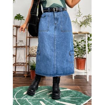 Fusta midi din denim, cu buzunare, albastru, dama, Shein