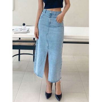 Fusta midi din denim, cu slit si buzunare, albastru, dama, Shein