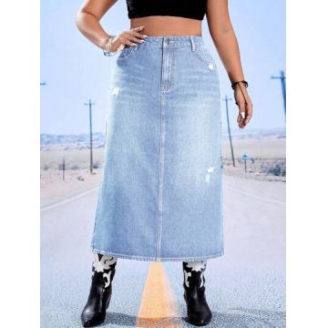 Fusta midi din denim, cu talie inalta, albastru, dama, Shein