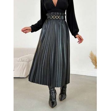 Fusta midi, plisata, cu aplicatii metalice, model piele, negru, dama