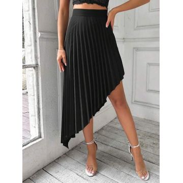 Fusta midi, plisata, cu talie inalta, negru, dama, Shein