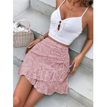 Fusta mini cu imprimeu floral, roz, dama, Shein