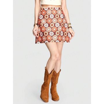 Fusta mini cu imprimeu floral si talie inalta, multicolor, dama, Shein
