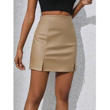 Fusta mini cu talie inalta si slit, crem, dama, Shein