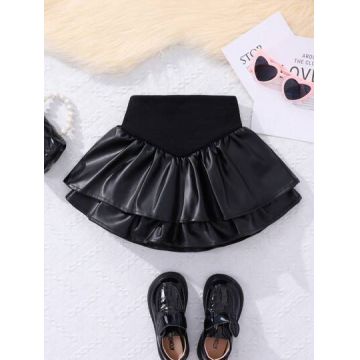 Fusta mini cu volane si talie inalta, model piele, negru, fete, Shein