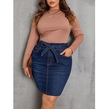 Fusta mini din denim, cu buzunare si cordon, albastru, dama, Shein