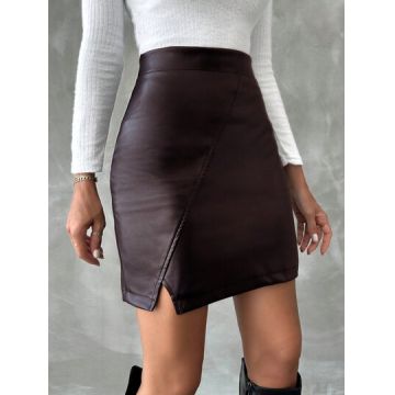 Fusta mini din piele ecologica, cu talie inalta, negru, dama, Shein