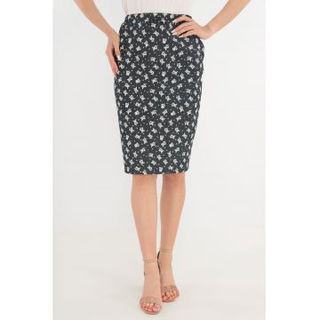 Fusta office gri cu print floral alb