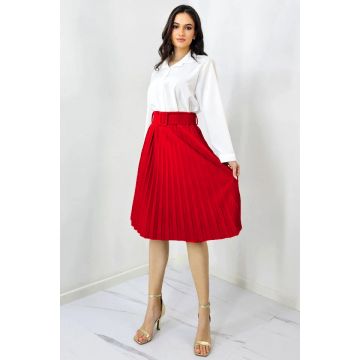Fusta plisata eleganta Carmen, curea de aceeasi culoare inclusa, Rosu, Marime S/M