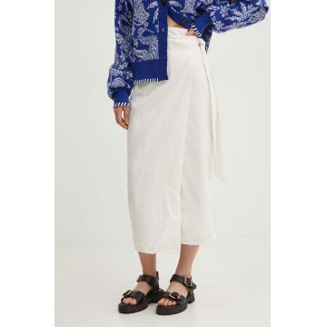 Never Fully Dressed fustă din amestec de in Jaspre Skirt culoarea alb, midi, evazati, NFDSK506