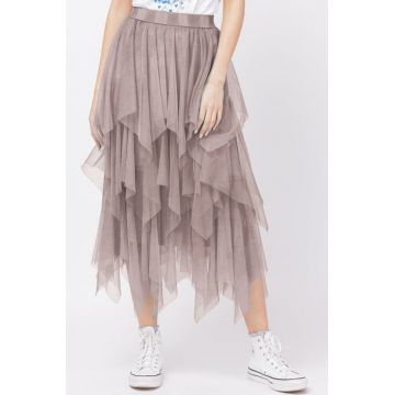 Fusta din tulle, in straturi inegale, lunga, bej inchis