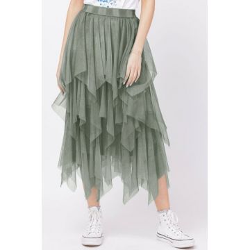 Fusta din tulle, in straturi inegale, lunga, kaki