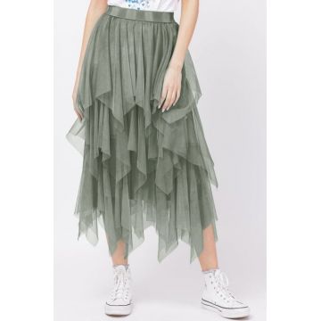 Fusta din tulle, in straturi inegale, lunga, kaki