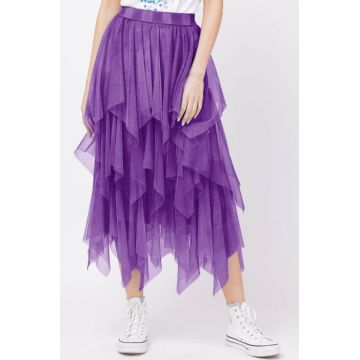 Fusta din tulle, in straturi inegale, lunga, mov