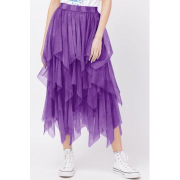 Fusta din tulle, in straturi inegale, lunga, mov