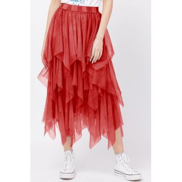 Fusta din tulle, in straturi inegale, lunga, rosie