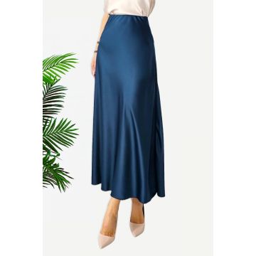 Fusta eleganta Penelope, cu textura satinata si croi lung, Albastru petrol, Marime S/M/L