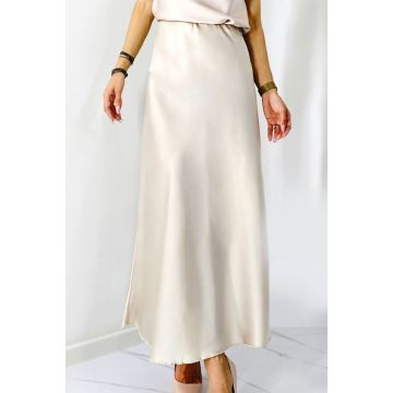 Fusta eleganta Penelope, cu textura satinata si croi lung, Crem, Marime S/M/L