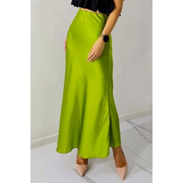 Fusta eleganta Penelope, cu textura satinata si croi lung, Verde olive, Marime S/M/L