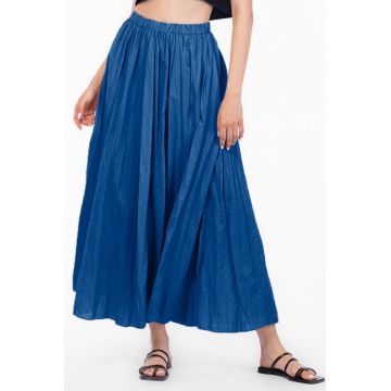 Fusta lunga, ampla, clos, din bumbac creponat, albastra